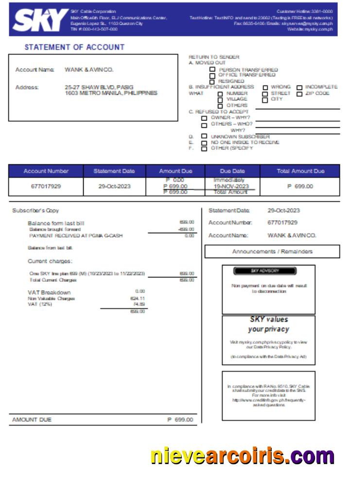 Sky Cable Corporation utility business bill